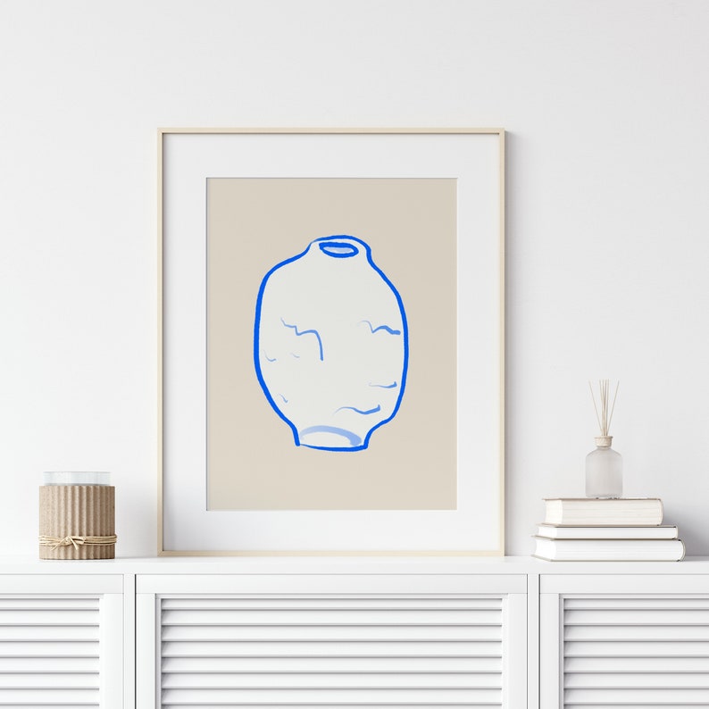 Printable wall art Contemporary art Kitchen prints Abstract line art Blue and beige color print Abstract pottery drawing