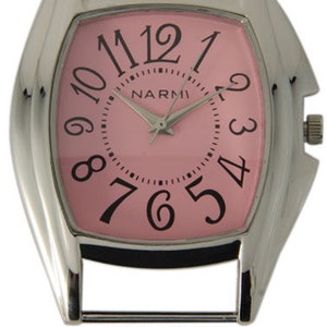 May include: A silver watch with a square face and a pink dial. The watch has black Roman numeral hour markers and a black second hand. The watch face also has the word "NARMI" printed on it.