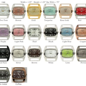 May include: A display of 15 different colored watch faces, each with a square shape and a silver metal band. The watch faces are 1.25 inches wide and 1.25 inches high. The watch faces are labeled with the colors: Two Tone, Bronze, Gold, Turquoise, Rose Gold, Red, Purple, Light Pink, Pearl, Black, Light Blue, Copper, Black Paint, Silver, Brown, White, Lime, Pewter, Gun metal, and Coffee.