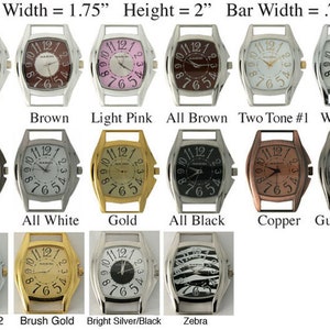 May include: A collection of 12 watch faces in various colors and styles, including yellow, brown, light pink, all brown, two-tone, white pearl, pewter, all white, gold, all black, copper, gun metal, two-tone, brush gold, bright silver/black, and zebra. The watch faces are all 1.75 inches wide and 2 inches tall.