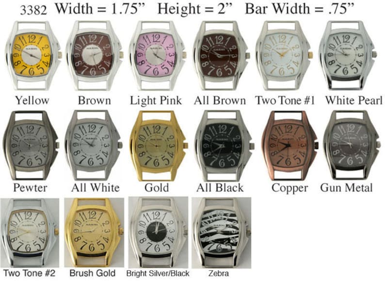 May include: A collection of 12 watch faces in various colors and styles, including yellow, brown, light pink, all brown, two-tone, white pearl, pewter, all white, gold, all black, copper, gun metal, two-tone, brush gold, bright silver/black, and zebra. The watch faces are all 1.75 inches wide and 2 inches tall.