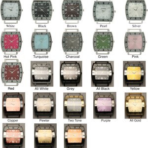 May include: A collection of 18 square-shaped watches with different colored faces and bands. The watches are arranged in a grid of three rows and six columns. The watches are all the same size and shape, but they have different colored faces and bands. The faces are all white with black numbers, and the bands are all silver. The watches are all labeled with their color, such as "White", "Black", "Brown", "Pearl", "Silver", "Hot Pink", "Turquoise", "Charcoal", "Green", "Pink", "Red", "All White", "Grey", "All Black", "Yellow", "Copper", "Pewter", "Two Tone", "Purple", "All Gold", "Light Brown", "Two Tone 2", and "Orange".