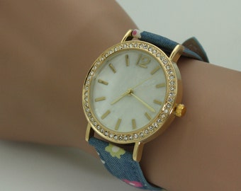 NIMI Printed Denim Strap Watch with Rhinestones