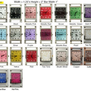 May include: Collection of rectangular quartz watches with various dial colors, including white, black, pink, red, and blue. Each watch has a silver-tone case and a black leather strap. The width is 1.25 inches and the height is 2 inches.