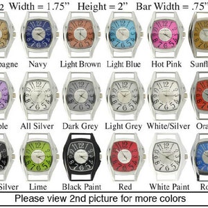 May include: A selection of 12 square-shaped wristwatches with different colored faces and silver-toned metal bands. The watches are arranged in three rows of four. The watch faces are all the same size and shape, and they all have a black hour and minute hand and a red second hand. The watch bands are all the same width and style, and they are all made of metal. The watches are all labeled with their color, such as "Champagne", "Navy", "Light Brown", "Light Blue", "Hot Pink", "Sunflower", "Purple", "All Silver", "Dark Grey", "Light Grey", "White/Silver", "Orange", "Black/Silver", "Lime", "Black Paint", "Red", "White Paint", and "Royal".