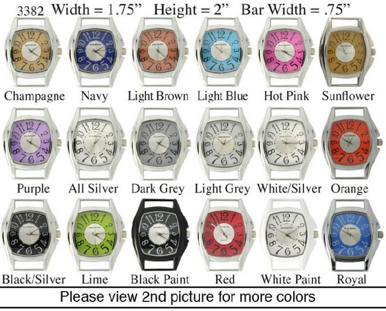 May include: A selection of 12 square-shaped wristwatches with different colored faces and silver-toned metal bands. The watches are arranged in three rows of four. The watch faces are all the same size and shape, and they all have a black hour and minute hand and a red second hand. The watch bands are all the same width and style, and they are all made of metal. The watches are all labeled with their color, such as "Champagne", "Navy", "Light Brown", "Light Blue", "Hot Pink", "Sunflower", "Purple", "All Silver", "Dark Grey", "Light Grey", "White/Silver", "Orange", "Black/Silver", "Lime", "Black Paint", "Red", "White Paint", and "Royal".
