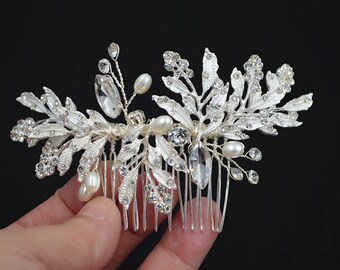 Silver leaf crystal pearls hair comb,Bridal white flower hair comb,Wedding bridal pearls headpiece,Vintage wedding bridal leaf hair comb