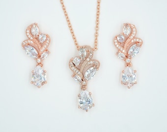 Bridal earrings necklace set,Wedding flower stud earrings,Wedding necklace earrings jewelry set,Bridal rose rhinestone flower jewelry set