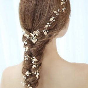 Silver wired leaf pearl hair vine,Wedding gold leaf hair headband,Bridal pearl hair vine,Wedding hair accessory,Bridal leaf pearls headpiece