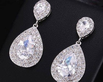 Bridal long waterdrop earrings,Wedding earrings,Bridal big teardrop earrings,CZ rose crystal long earrings,Bridal engagement silver earrings