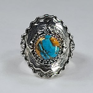 Etched Sterling Silver Mohave Oyster Turquoise Saddle Statement Ring Size 8