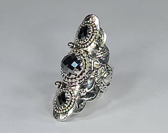Etched Sterling Silver Hematite Saddle Style Ring with Fine Silver Embellishments Size 7