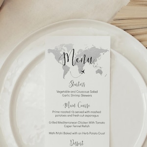 Silver Travel Theme Menu Template, Editable Silver World Map Menu, Travel Theme Wedding, Travel Theme Bridal Shower Menu Template,  TT1
