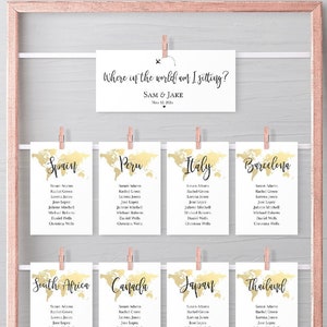 Hanging Wedding Seating Chart Template, Gold World Map Seating Chart Template, Travel Theme Wedding, Printable Seating Chart,  TT1