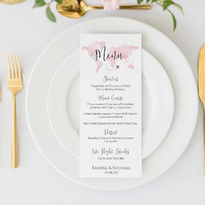 Modelo de menu com tema de viagem rosa, menu de mapa mundial rosa editável, casamento com tema de viagem, menu de chá de bebê com tema de viagem para impressão, TT1