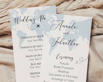 Editable Map Wedding Program, Travel Theme Ceremony Program Template, Custom Map Church Ceremony, Select the map color of your choice, TT1