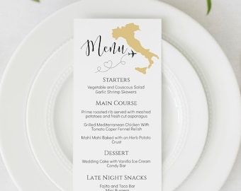 Italy Menu Template customizable with any map color, Italy Theme Wedding Menu, Italy Map Menu, Italian Wedding Decorations,  TT1, YT1
