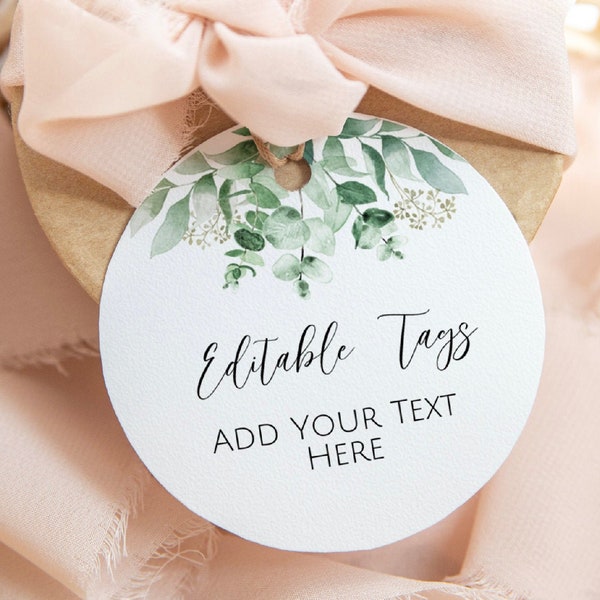 Greenery Round Tags Template, Editable Greenery Tags, Editable Round Sticker Template, Greenery Wedding Favor Tags, Eucalyptus Gift Tag, ET1
