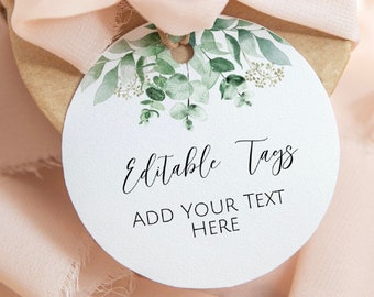 Greenery Round Tags Template, Editable Greenery Tags, Editable Round Sticker Template, Greenery Wedding Favor Tags, Eucalyptus Gift Tag, ET1