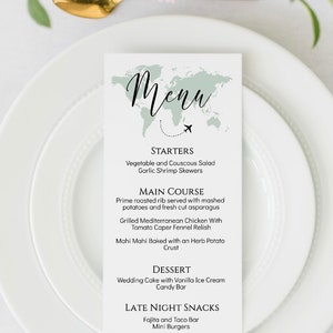 Menüvorlage anpassbar mit jeder Kartenfarbe, Reisethema Hochzeitsmenü, DIY Hochzeitsmenü, Reisethema Brautparty Menü Vorlage, TT1