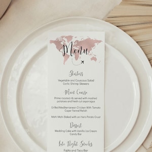 Modèle de menu sur le thème du voyage en or rose, menu de carte modifiable, mariage sur le thème du voyage, modèle de menu pour la douche nuptiale sur le thème du voyage, carte en or rose, TT1