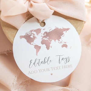 Weltkarte Hochzeit Gunst Tags | Druckbare Tags Vorlage | Reise-Thema Hochzeit | Rose Gold Weltkarte Tags | Bestimmungsort Hochzeit, TT1