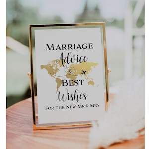 Ehe-Beratung und beste Wünsche Zeichen, druckbares goldenes Weltkarte Gastbuch Zeichen, Reise-Thema Hochzeit Zeichen, Brautparty-Dekor, TT1