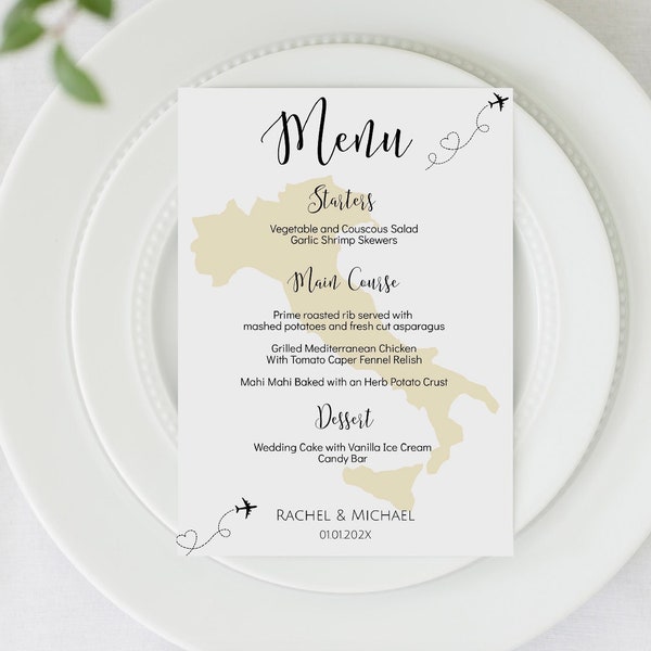 Customizable Italy Map Menu Template, Italy Map Menu Template with the map color of your choice, Italian Theme Wedding Menu, TT1, YT1