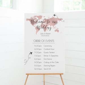 Druckbares Order of Events Schild, Roségold Weltkarte Order of Events Vorlage, Hochzeit Timeline Vorlage, Reisethema Hochzeitsprogramm, TT1