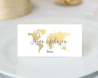 World Map Foldable Place Cards, Gold Map Travel Theme Name Cards, Editable Name Card Template, Wedding Place Cards Template, TT1