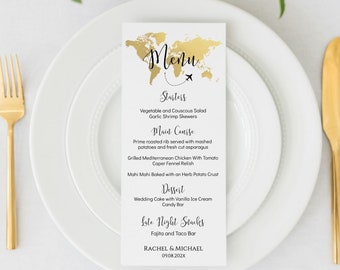 Travel Theme Menu Template, Editable Gold Map Menu, Travel Theme Wedding, Travel Theme Bridal Shower Menu Template,  TT1