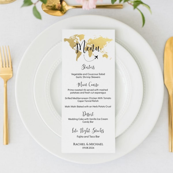 Gold World Map Menu Template: Travel Theme (Digital Download)