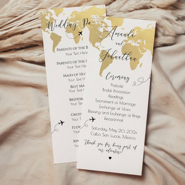 World Map Wedding Program, Travel Theme Ceremony Program Template, Gold Map Church Ceremony Template, Printable Wedding Timeline, TT1