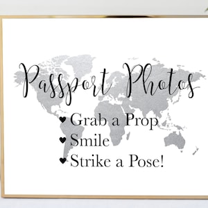 Panneau argent Photos passeport voyage, panneau argent carte du monde Photomaton, mariage thème voyage, shower de bébé thème voyage, TT1
