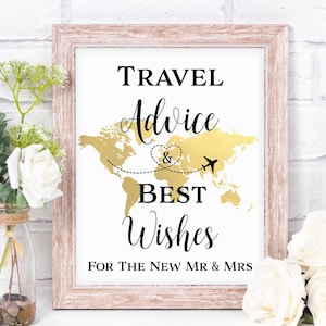 Consejos de viaje y mejores deseos para el nuevo señor y señora, boda temática de viaje, decoraciones de despedida de soltera, letrero del libro de visitas del mapa mundial dorado, TT1