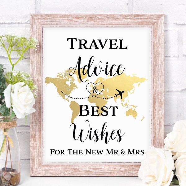 Travel Advice and Best Wishes for the New Mr and Mrs, Travel Theme Wedding, Bridal Shower Decorations, Gold World Map Guest Book Sign, TT1