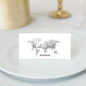 Silver World Map Foldable Place Cards, Travel Theme Name Cards, Personalizable Name Card Template, Silver Map Placecards, TT1