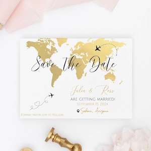 Carte du monde, mariage, réservez la date, modèle, réservez la date avec un fond de carte du monde en or, thème du voyage, mariage, imprimable réservez la date, TT1