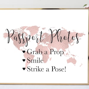 Mapa de oro rosa Fotos de pasaporte Signo temático de viaje, Signo de fotomatón de mapa mundial, Boda temática de viaje, Ducha nupcial temática de viaje, TT1