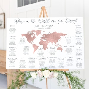 Bearbeitbare Travel Theme Sitzplan Vorlage, Wo in aller Welt sitzt du?, Rose Gold Map Sitzplan, Travel Theme Wedding, TT1