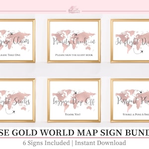 Pacchetto di cartelli con mappa del mondo in oro rosa, cartelli in giro per il mondo, matrimonio a tema viaggio, decorazioni per feste di addio al nubilato a tema viaggio, TRG, MB6