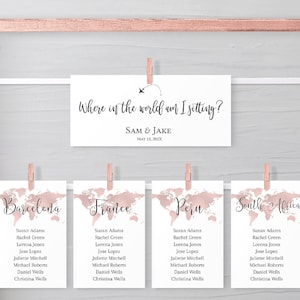 Rose Gold Map Hängende Hochzeit Sitzplan Vorlage, Sitzplan Bearbeitbare Vorlage, Reise Thema Hochzeit Sitzplan, TRG