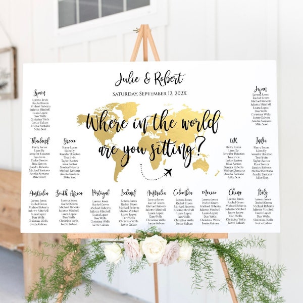 DIY Seating Chart Template, Where in the world are you sitting?, Gold World Map Seating Chart, Travel Theme Wedding Seating Chart, TT1