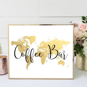 Kaffeebar Schild, Weltkarte Kaffeebar Schild, Reisethema Hochzeit, Reisethema Brautdusche, Kaffeetischschild, TT1