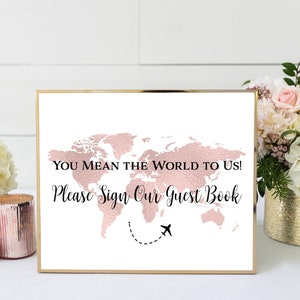 Rose Gold Map Guest Book Sign, Sign Our Guest Book Travel Theme Sign, Rose Gold World Map Guest Book Sign, Travel Theme Wedding, TRG