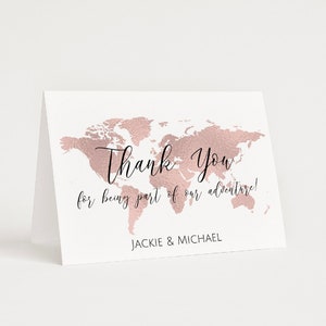 Rose Gold Map Thank You Card, Editable World Map Thank You Card, Travel Theme Thank You Card,  Personalized Thank You Card Template, TT1