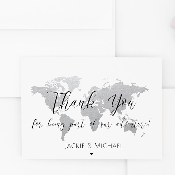 Silver Map Thank You Card, Editable World Map Thank You Card, Travel Theme Thank You Card,  Personalized Thank You Card Template, TT1