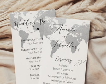 Silver World Map Wedding Program, Travel Theme Ceremony Program Template, Wedding Ceremony Program Template, Printable Wedding Timeline, TT1