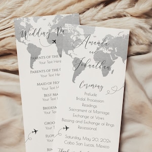 May include: A wedding ceremony programme with a world map background. The programme includes the names Amanda and Johnathan, the ceremony details, and the date and location of the wedding: Saturday, May 20, 202x, Cabo San Lucas, Mexico.