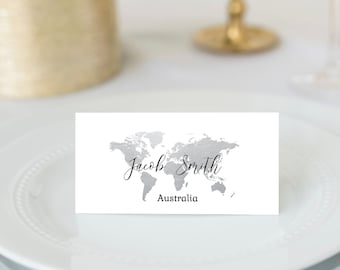 Silver World Map Place Cards: Travel Theme Template (Digital Download)